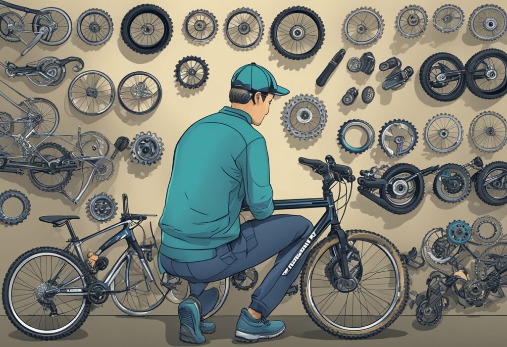 Man crouching while working on bicycle