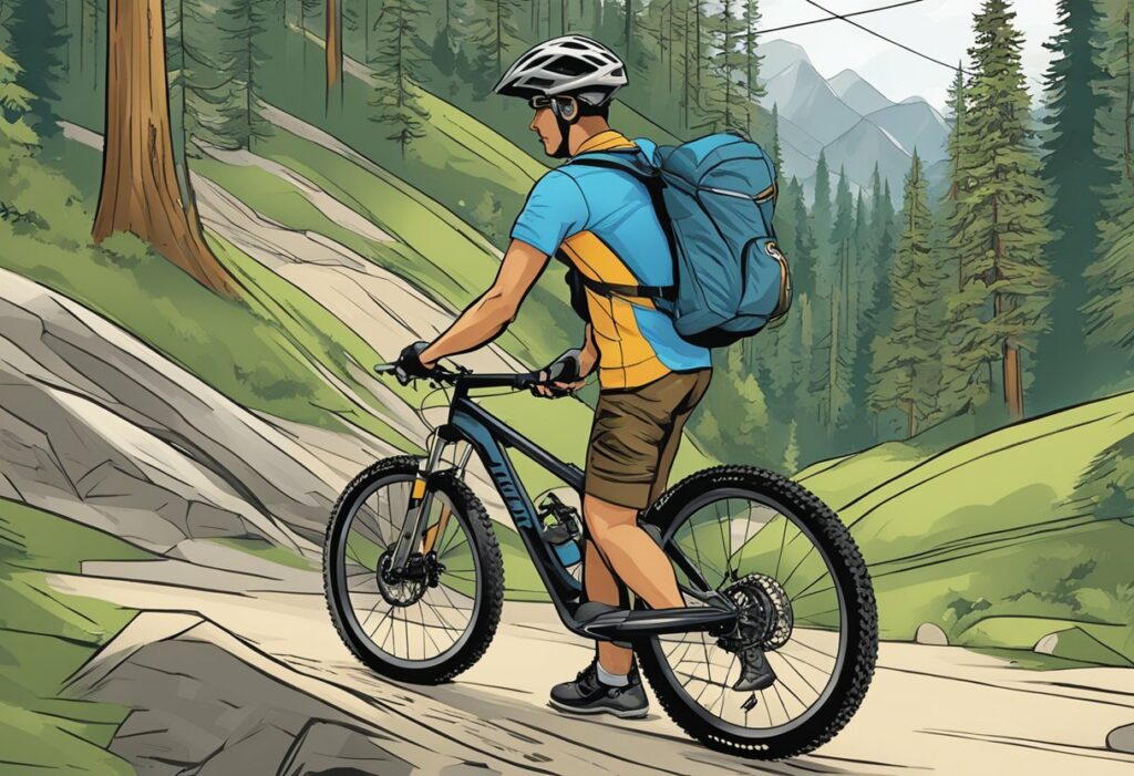 Illustration of mountain biker standing on trail