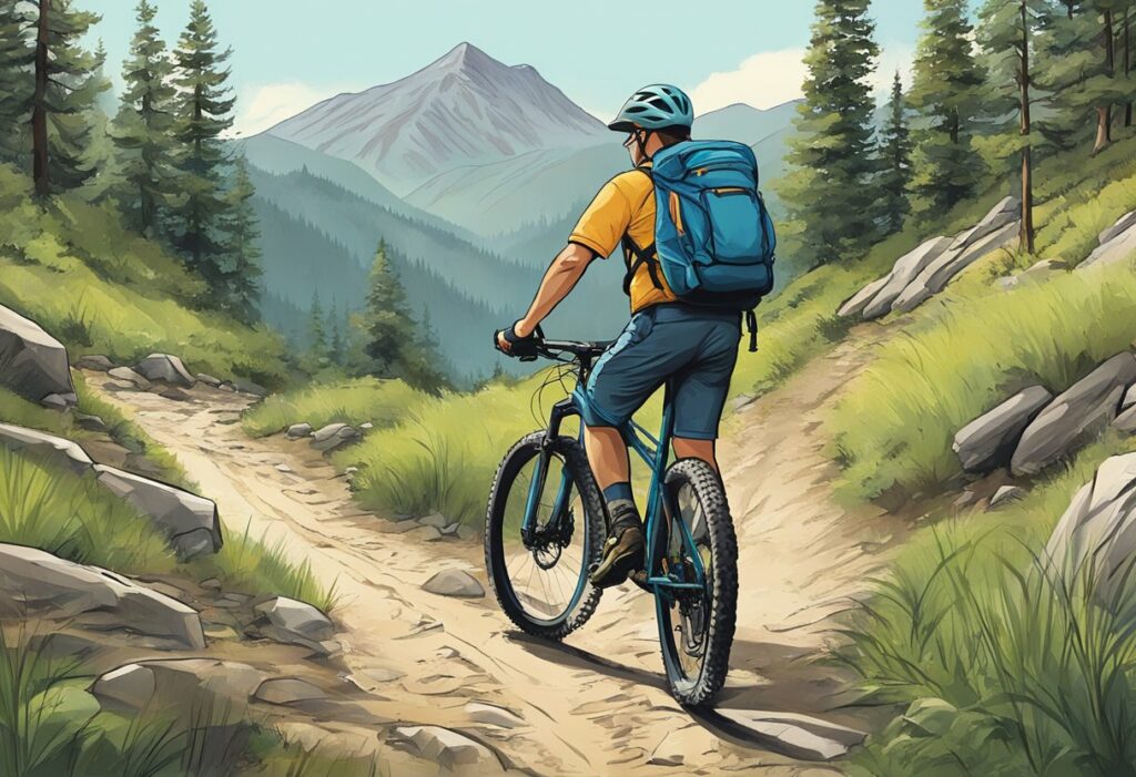 Rider on trail in front of mountain
