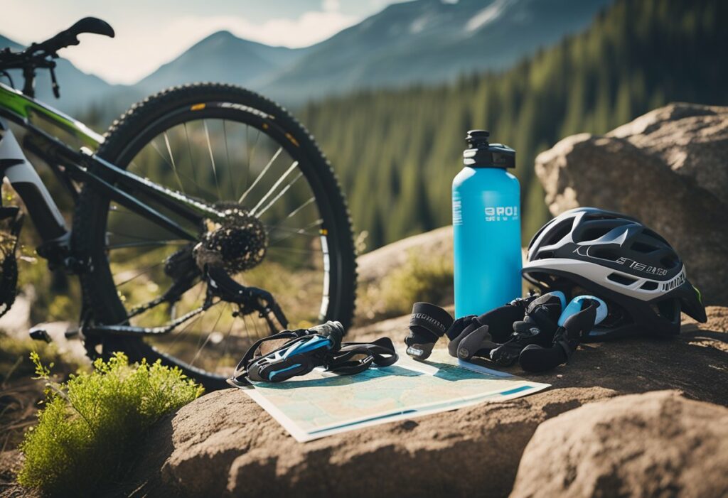 Helmet and water bottle next to bike