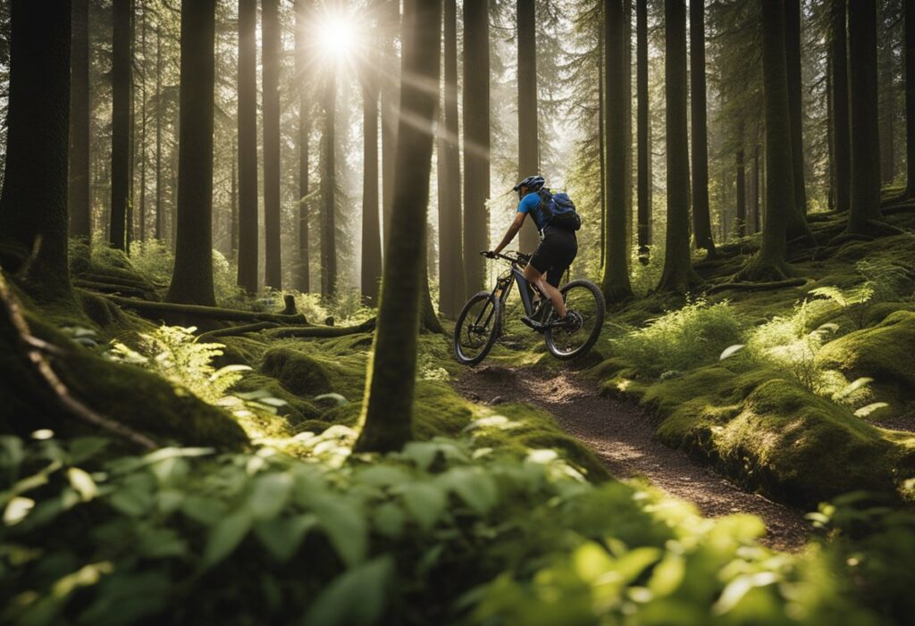 Mountain biker in forest with sun peaking in