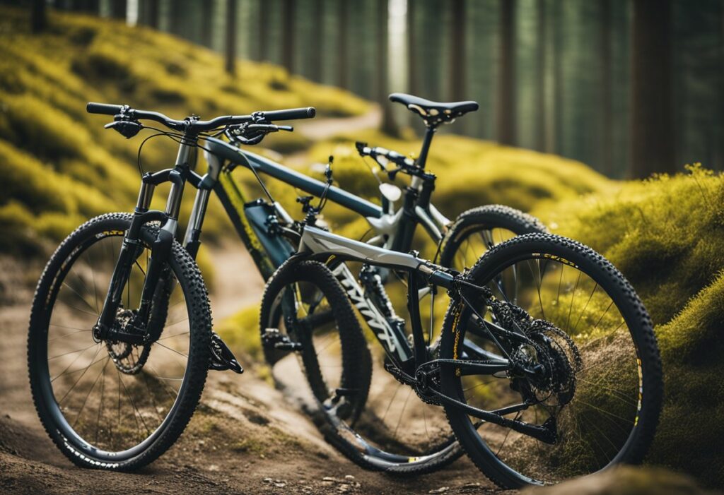 Mountain bike parked in forest