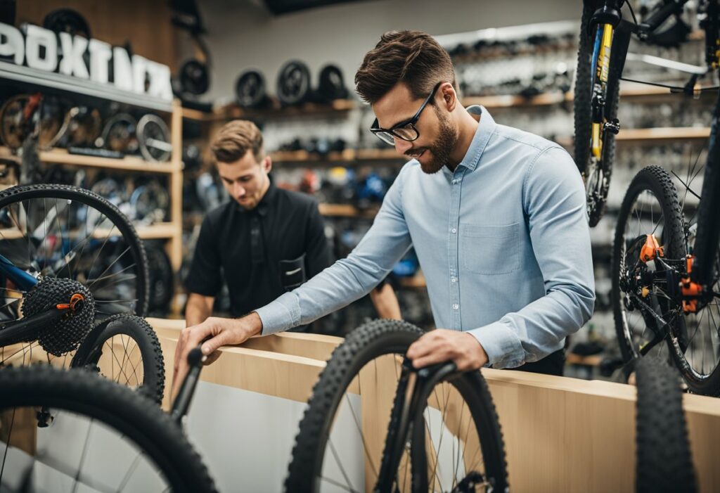 Man sorting through bicycle wheels for sale