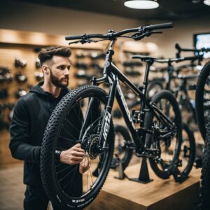Examining a bike for sale at a store